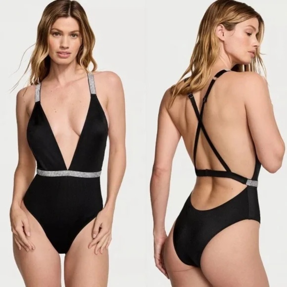 Victoria's Secret Shine Strap Plunge One-Piece Swimsuit in black